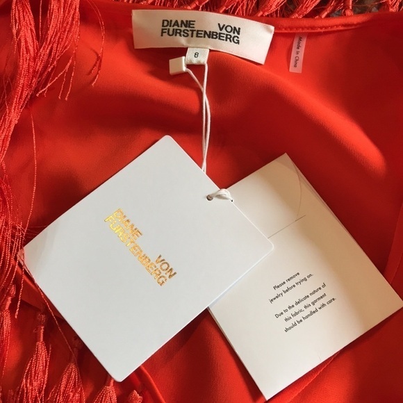 DIANE VON FURSTENBERG Tangerine V-Neck Fringe Blouse Size 8 - Picture 7 of 9